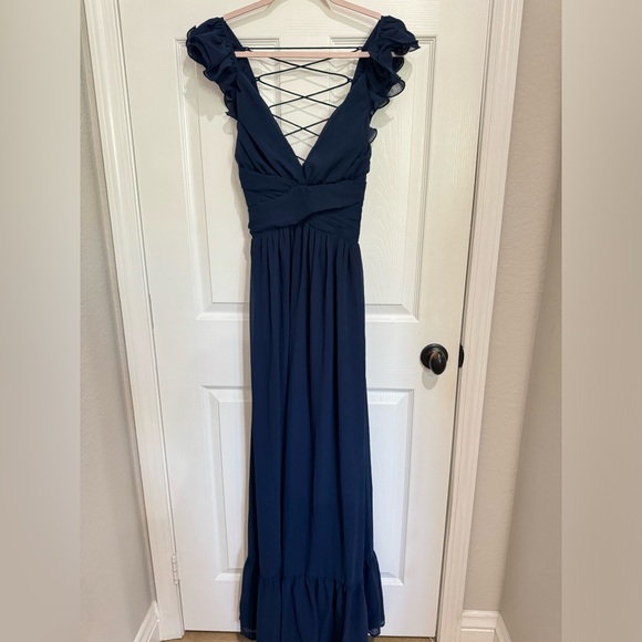 Lulus Maxi Dress Navy Blue Ruffled Lace-Up Soiree Celebration Formal Dress NWOT - Picture 4 of 10
